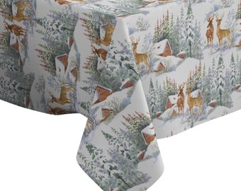 Handmade Decorative Tablecloth, Watercolor Winter Landscape Deer Print, Rectangle/ Square, Home Decor Fabric