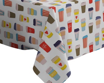 Handmade Decorative Tablecloth, Various Coffee Cups Tumbler Print, Rectangle/ Square, Home Decor Fabric