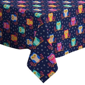 Handmade Decorative Tablecloth, Colorful Cute Flat Owls Sitting Print, Rectangle/ Square, Home Decor Fabric