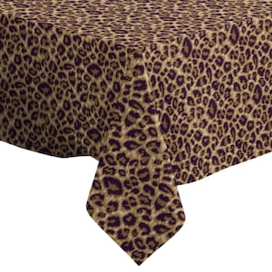 May include: A brown and purple leopard print tablecloth. The tablecloth is square shaped with a pointed corner.