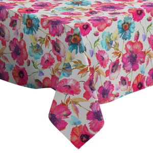 Handmade Decorative Tablecloth, Red Poppies Blue Flowers Butterflies Print, Rectangle/ Square, Home Decor Fabric