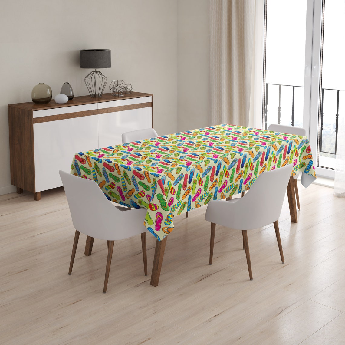 Handmade Decorative Tablecloth, Colorful Flip Flops Print, Rectangle ...