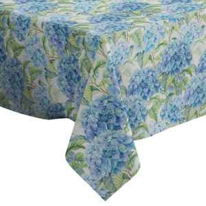 May include: A blue and green floral tablecloth with a hydrangea pattern. The tablecloth is made of a soft, durable fabric and is perfect for any dining table.