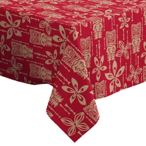 May include: Red tablecloth with a repeating pattern of tan tiki figures, flowers, and bamboo stalks.