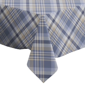 May include: A blue and beige plaid tablecloth with a diamond pattern. The tablecloth is made of a soft, durable fabric and is perfect for any dining occasion.