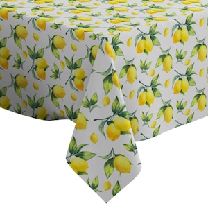 Handmade Decorative Tablecloth, Lemon On White Print, Rectangle/ Square, Home Decor Fabric