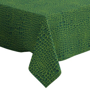 May include: Green tablecloth with a crocodile skin pattern.