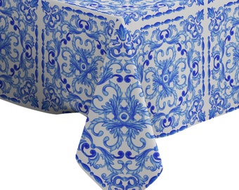 Handmade Decorative Tablecloth, Azulejos Portuguese Tiles Blue Watercolor Pattern Print, Rectangle/ Square, Home Decor Fabric
