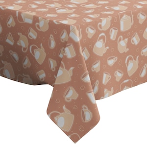 Handmade Decorative Tablecloth, Cute Beige Cups Teapots Print, Rectangle/ Square, Home Decor Fabric