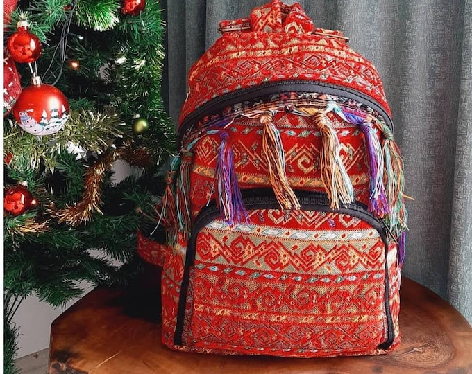 Wave Flame Red Ethnic Pattern Special Cotton Strong And Stylish Backpack, Street Style Lovely Rucksack, Birthday Gift For Women, Myself Gift