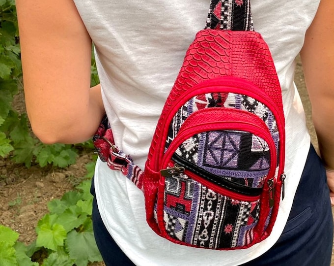 Red Chest Bag For Walking, Vegan Crossbody Bag, Cross Mini Backpack For Dog Walking, Sling Bag For Women, Personalized Unique Gift For Her