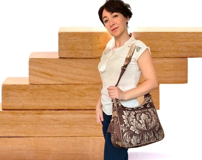 1800s Victorian Pattern Brown Bag, Vintage Style Cottage Core Bag, Evening Dark Color Embrodery Purse, Personalized Unique Gift For Her