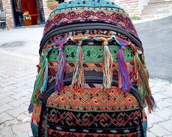 Personalized Spring Green Ethnic Pattern Tassel Backpack, Boho Style Fringe Hiking Rucksack, Birthday Gift For Sister, Best Friend Gift