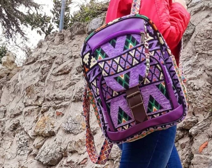 Fashionable and Durable Kilim Fabric Big Purple Backpack with big zipper compartment and Two zipper Pockets Christmas Gift for Women Her