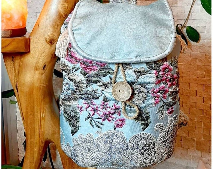 Victorian Embossed Floral Light Blue Drawstring Backpack, Special Silky Touch Ladies Bag Unique Design Artisan Fashion, Birthday Gift Women