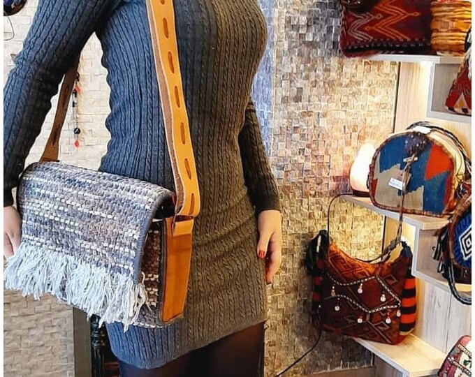 Fringe Hand-Woven Grey Kilim Bag, Rectangle Leather Shoulder Strap Bag, Tassel Bohem Style Purse, Personalized Birthday Gift Boho Women
