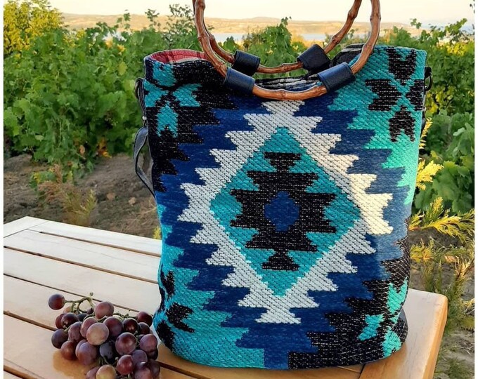 Bamboo Shaped Handle Blue Myra Tote, Rug Pattern South Western Country Shoulder Bag, Replecement Strap Purse, Birthday Gift For Girlfriend