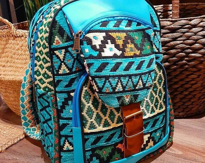 Ice Blue Fashionable and Durable Kilim/Rug Fabric Big Backpack With Zipper Compartment 2 Zipper Pockets, Gift For Friend, Christmas Gift