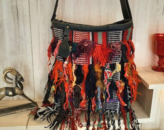 Gypsy Style Turkish Carpet Hand-Made Tassel Crossbody Bag With Adjustable Leather Strap And Zipper, Colorful Fringe, Local Shop