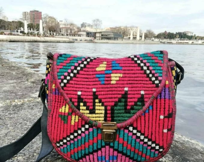 Handmade African Tribal Wool Crossbody Bag: Pink Rug Purse, Leather Strap