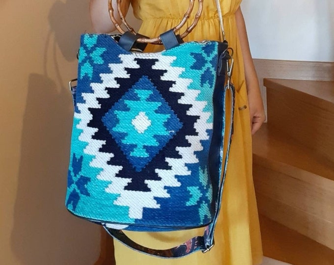Tribal Pattern Blue Navajo Tote, Bamboo Shape Handle Summer Hand Bag, Tribal Design Purse, Personalized Mother's Day Gift, Boho Lover Gift