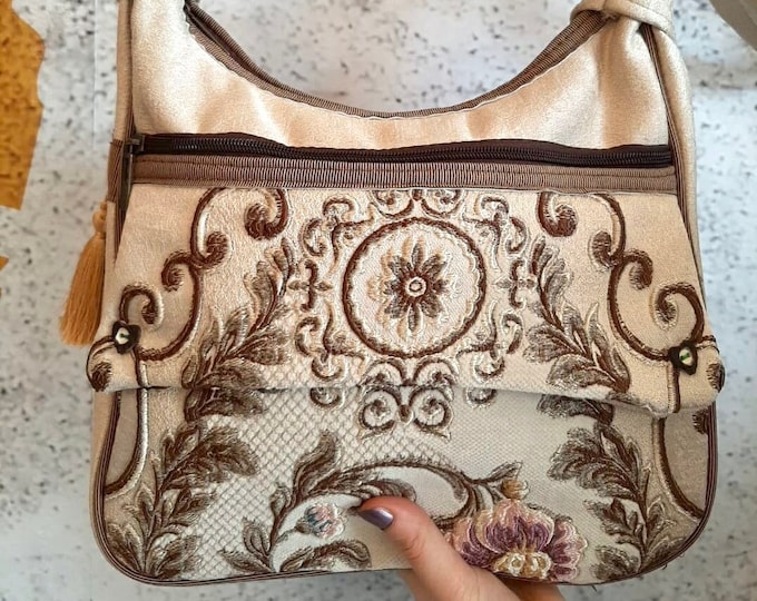 Victorian Style Unique Handmade Ivory Crossbody Shoulder Bag, 3D Floral Pattern Fabric, Personalize Birthday Gift Women, Mother's Day Gift