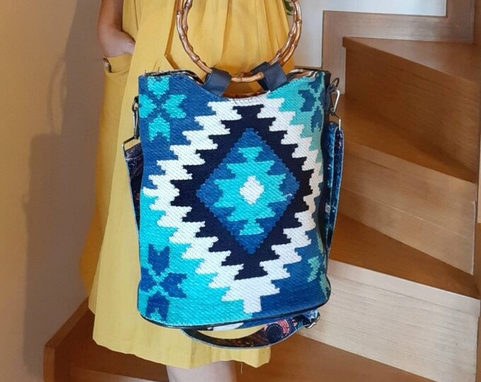 Tribal Pattern Blue Navajo Tote, Bamboo Shape Handle Summer Hand Bag, Tribal Design Purse, Personalized Mother's Day Gift, Boho Lover Gift