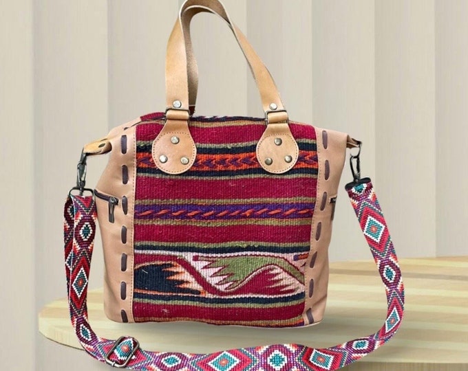 Aesthetic Tote Bag, Hand Made Wool Navajo Shoulder Bag, Natural Color Unique Purse, Personalized Christmas Gift For Her, Noel Gift For Women