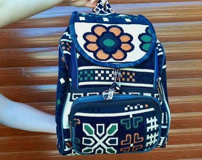 Night Blue Ethnic Carpet Pattern Hand-made Unique Backpack , Hiking Weekend Rucksack, Flower Kilim Tote Bag, Personalized Gift Myself