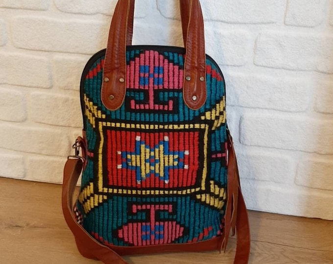 Personalized Tribal Rug Large Tote Bag With Genuine Leather Strap, Laptop Case, Ethnic Pattern African Design, Gift For Myself Boho Women