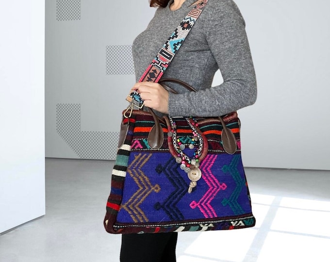 Personalized Myra Tote, Purple Natural Hand-woven Rug Bag, Changeable Strap Purse, Retro Style Rustic Bohem Hobo, Valentine'S Day Gift Women