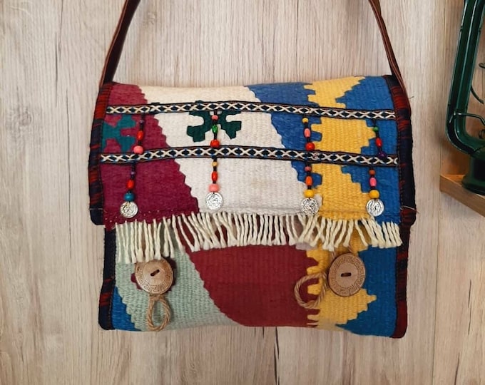 Natural Dyed Wool Beaded Shoulder Bag, Tribal Pattern Multi Color Carpet Purse, Adjustable Crossbody, Gift For Christmas Gift , Lover Women