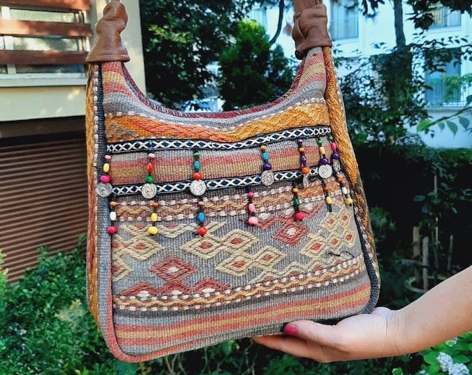 Handmade Crossbody Bag -Vintage Handmade Kilim - Rug - Carpet And Genuine Leather - Mother's Day Gift For Her, Birthday, Myself