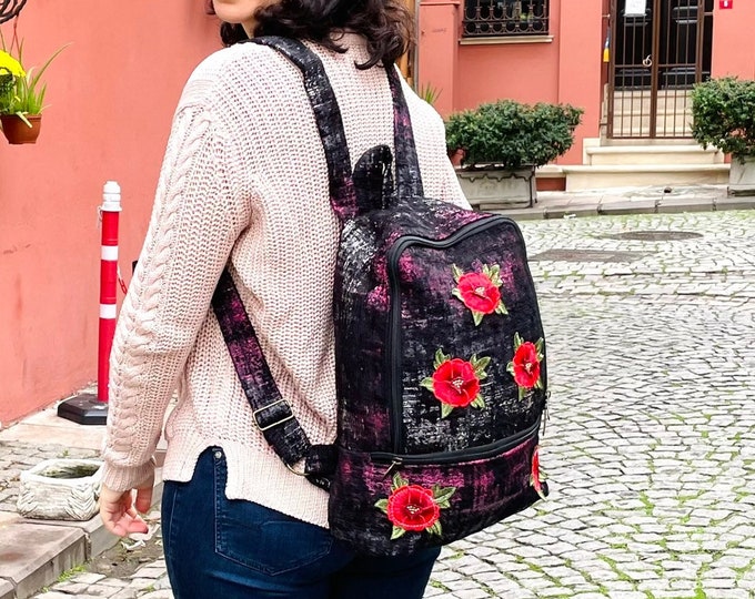 Red Floral Poppy Practical And Fashionable Backpack, Laptop Backpack, Weekender Traveler Bag, Large Compartment, Christmas Gift For Her