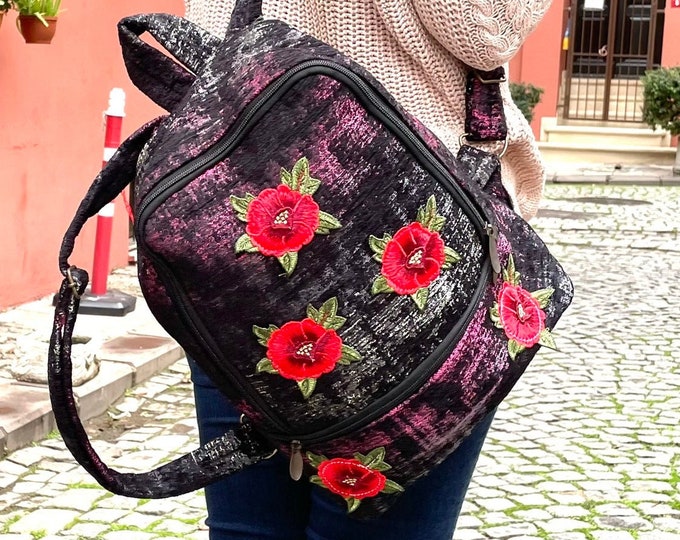 Red Poppy Floral Backpack: Metallic Fabric Traveler Bag