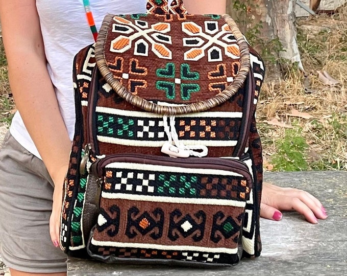 Brown Rug Hand-made Tote Gobelin Backpack, Large Carry All Laptop Bag, Boho Lover Gift, Personalized Birthday Gift Her, Mother's Day Gift