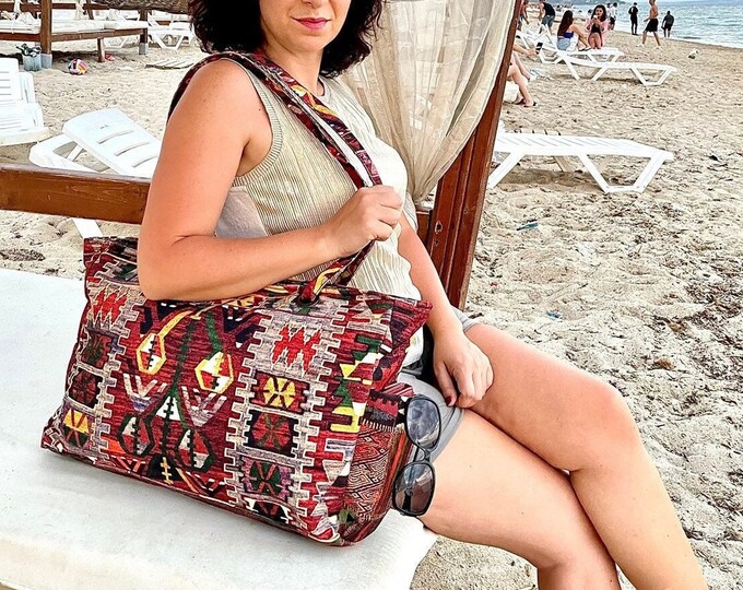 Fabric Retro Style Large Pocket Bag, Summer Beach Rug Pattern Duffel, Boho Tote Bag, Tribal Shoulder Bag, Personalized Mother's Day Gift