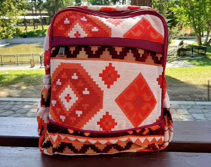 Personalized Abundance Kilim Figured Backpack, Robust And Stylish Weekender Bag, Rug Pattern Fabriq Foldable Organizer Backpack,Gift For Her
