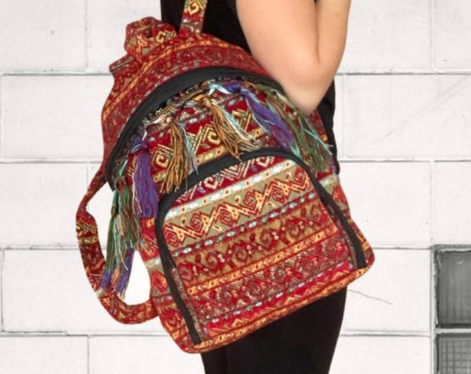 Red Velvet Kilim Backpack: Handmade Boho Rucksack with Tassel
