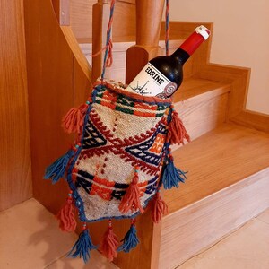 Sacs à bandoulière longs Heybe Tassel, anciens Kelim, sac de transport de vin, décoration de Noël, vieux sac à main tapis cousu main, cadeau pour amoureux rétro