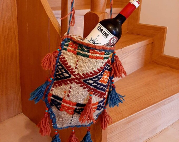 Heybe Tassel Saddlebag Long Crossbody Bags From Antique Kelim, Wine Carry Bag, Christmas Ornament, Old Hand-sewn Rug Purse, Retro Lover Gift