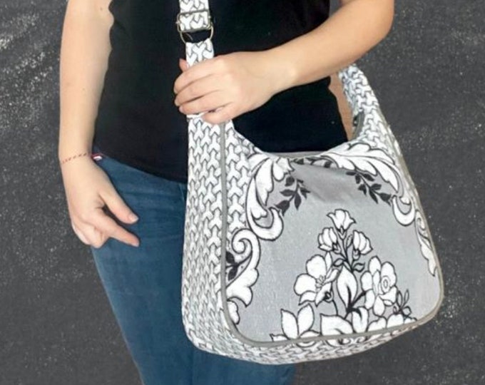 Victorian Style Gray Soft Fabric Foldable Bag For Women, Sketch Floral Pattern Black-White Shoulder Bag, Personalized Winter Gift For Wife