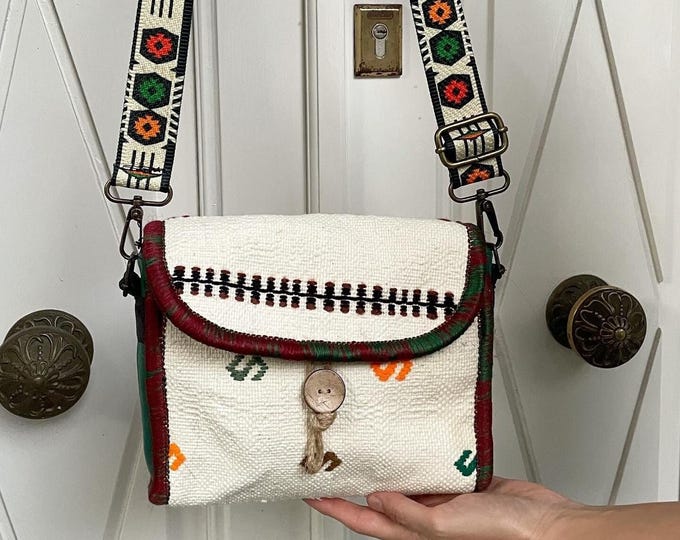 Ivory Hand-Woven Rug Bag, Mini Sling Bag, Guitar Strap Stylish Bag, Boho Lover Gift, Bohem Style Women Bag, Personalized Cute Bag For Sister