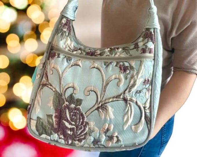 Victorian Style Soft Blue Fabric Foldable Bag For Women, Embossed Flower Pattern Light Chic Shoulder Bag, Personalized Christmas Gift Her