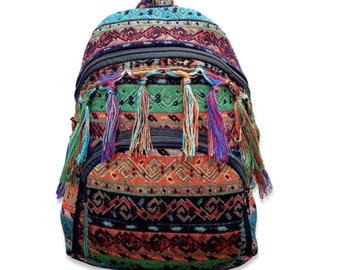 Personalized Spring Green Ethnic Pattern Tassel Backpack, Boho Style Fringe Hiking Rucksack, Birthday Gift For Sister, Best Friend Gift