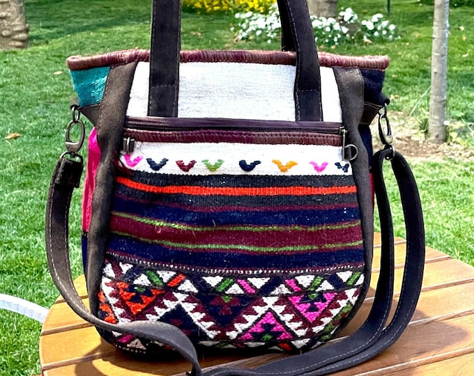 Wool Kilim Tote Bag: Handmade Anatolian Rug & Leather Shoulder Bag