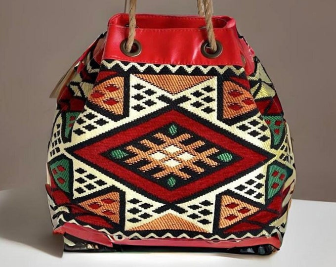 Foldable Red Kilim Fabric Drawstring Shoulder Bag, Faux Shiny Leather Detailed Large Tote, Natural Hemp Strap and Guitar Strap Together