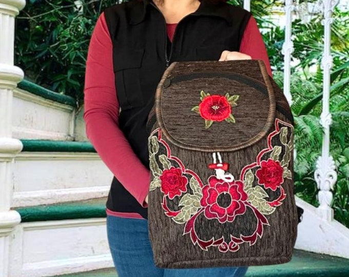 Poppy Embodery Design Brown Backpack, Embossed Touch Large Rucksack, Personalized Laptop Bag, Casual Winter Gift For Her, Myself Gift