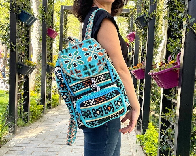 Turquoise Blue Kilim Pattern Strong And Stylish Sport Backpack, Personalized Weekender Rucksack, Laptop Backpack Hiking, Gift For Women
