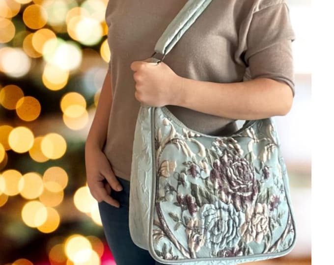 Victorian Style Soft Blue Fabric Foldable Bag For Women, Embossed Flower Pattern Light Chic Shoulder Bag, Personalized Christmas Gift Her